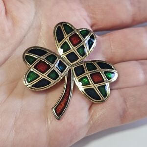 * Vintage Sol D'or Heart Shamrock Red Green Blue Enameled Celtic Brooch Pendant